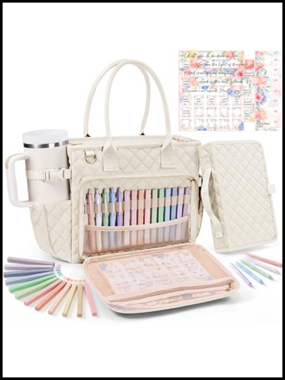 Large Quilted Fabric Bible Bag Tote with Cover Case & Study Kit